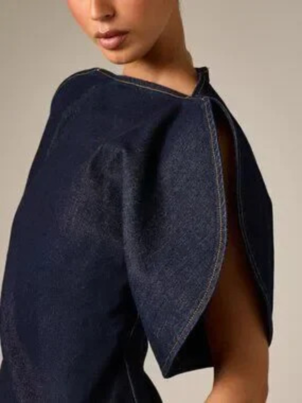 Dark Wash Casual Women's Denim Sleeve Blouse with High Neck and Asymmetric Hem